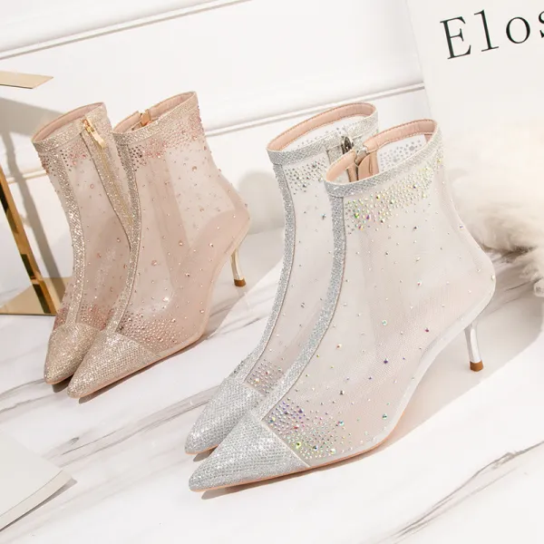 Women Mesh Rhinestones Stiletto Heels Boots