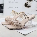 Women Pearls Jewelry Tassel Square Toe Chunky Heels Strap Slipper Sandals