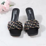 Weave Strap Square Toe Chunky Transparent Heels Slipper