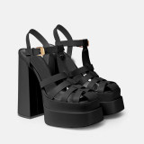 Hollow Cut Luxury Double Layers Platform Chunky Heels Sandals Shoes