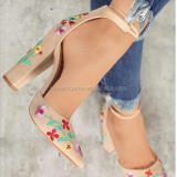 Embroider Flowers Tie-up High Chunky Heels Buckle Shoes
