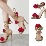 Women Red Rose Flowers Cross Lace Up High Heels Sandals