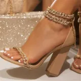 Bing Diamonds Metal Chain Ankle High Chunky Heels Square Toe Pumps Sandals