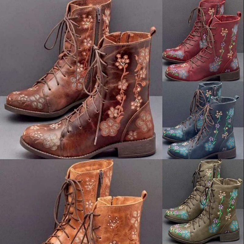Women PU Leather Flower Pattern Lace Up Round Toe Boots