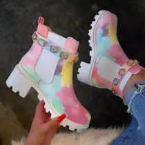 Women Colorful Platform Chunky Heels Waterproof Boots