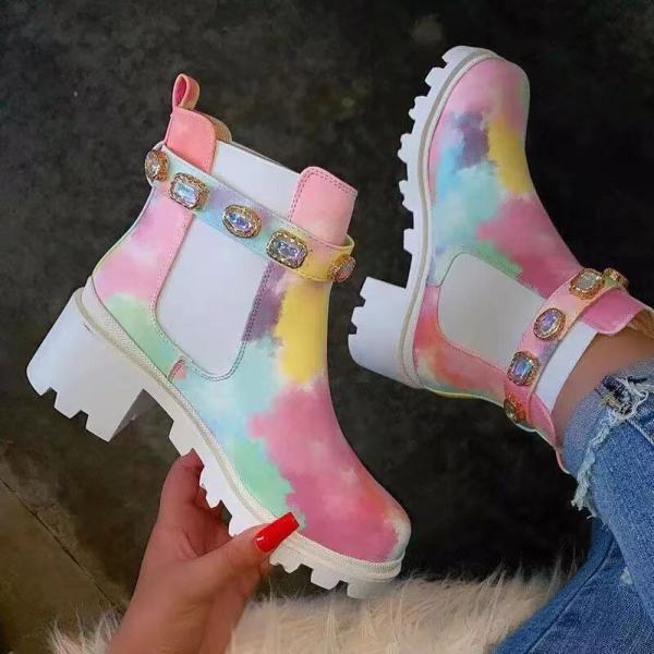 Women Colorful Platform Chunky Heels Waterproof Boots