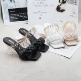 Women Pearls Jewelry Tassel Square Toe Chunky Heels Strap Slipper Sandals
