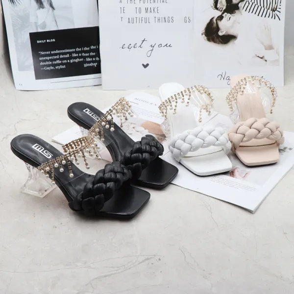 Women Pearls Jewelry Tassel Square Toe Chunky Heels Strap Slipper Sandals