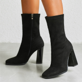 Women Suede Sexy Square Toe Chunky Heel Ankle Boots