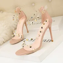 Pointed Toe Transparent Crystals Rivets Slip On Sexy High Heels Pumps Sandals
