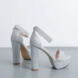 Silver Rhinestone Shine Anckle Strap Buckle Heel Platform Party Sandals
