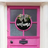 Welcome Slogan Wooden Doorplate Bowknot Flower Front Door Wall Hanging Decor