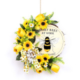 Bee Sunflower Wooden Plaque Artificial Wreath Door Decor Wall Hanging Ornament