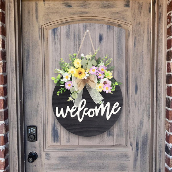 Welcome Doorplate Flower Wreath Door Decor Wood Wall Hanging Ornament