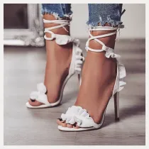 White Ruffles Buckle Lace Up Crossed High Heeled Shoes
