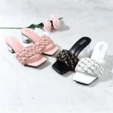 Weave Strap Square Toe Chunky Transparent Heels Slipper
