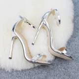 Women Classic Metallic Gold Pointed Toe Ankle Strap Stiletto High Heels Sandals Shoes