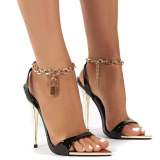 Woman Metal Chain Thigh Tassel Fluffy High Heel Sandal Party Shoes