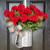 Red Geranium Cradle Wreath Burlap Bowknot Front Door Hanging Decor