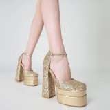 Women Thick Heel Sandals With Sequins Ankle Buckle Party Sandals
