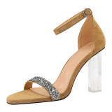 Suede Bling Sequins Pointed Open Toe Buckle Transparent Chunky High Heels Sandals