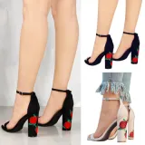 Suede Anckle Buckle Embroider Rose Chunky Heel Leisure Sandals