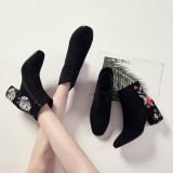 Women Suede Chunky heel Flower Pattern Short Boots