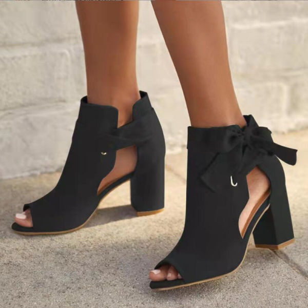 Fish Mouth High Chunky Heels Suede Sandals