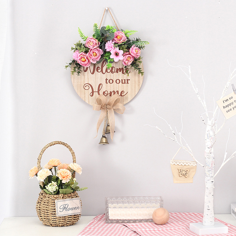 Welcome To Our Home Wooden Plaque Bell Flower Wreath Door Decor