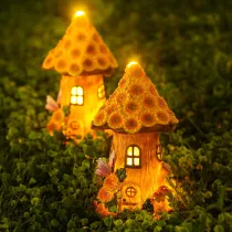 Solar Garden Tree House Sunflower Cottage Fairy Tale LED Light Resin Lawn Decoration