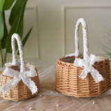 Handmade Rattan Flower Basket with Lace Wrapped Handle Wedding Flower Girl Flower Basket
