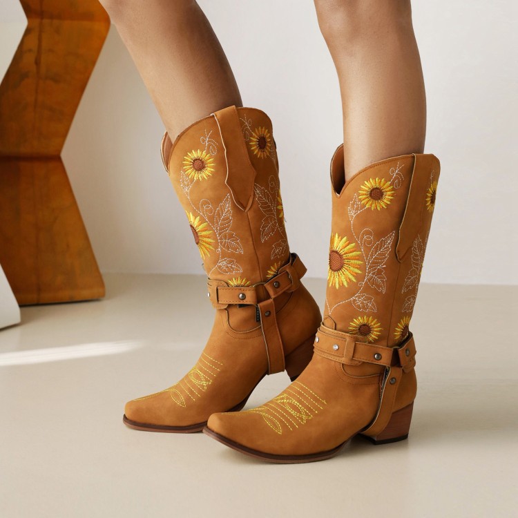 Women Sunflower Pattern Cow Boots