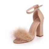 Suede Furry Buckle Open Toe Chunky Heel Sandals Shoes