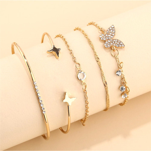 Butterfly Opening Five Piece Set Clavicle Pendant Chain Jewelry Gold Bracelet