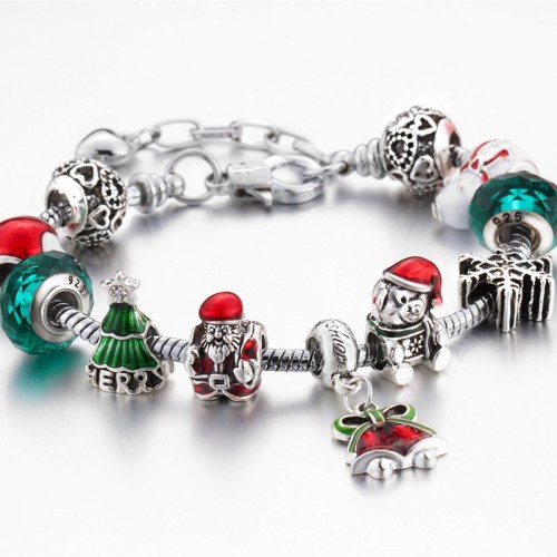 Christmas Gift Women's Xmas Tree Santa Claus Red Bells Big Bead Crystal Charm Chain Jewelry Bracelet