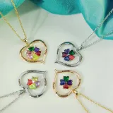 Hollow Out Diamond Heart Birthstones Necklace with Name Engraved Custom Gift For Mom Friends