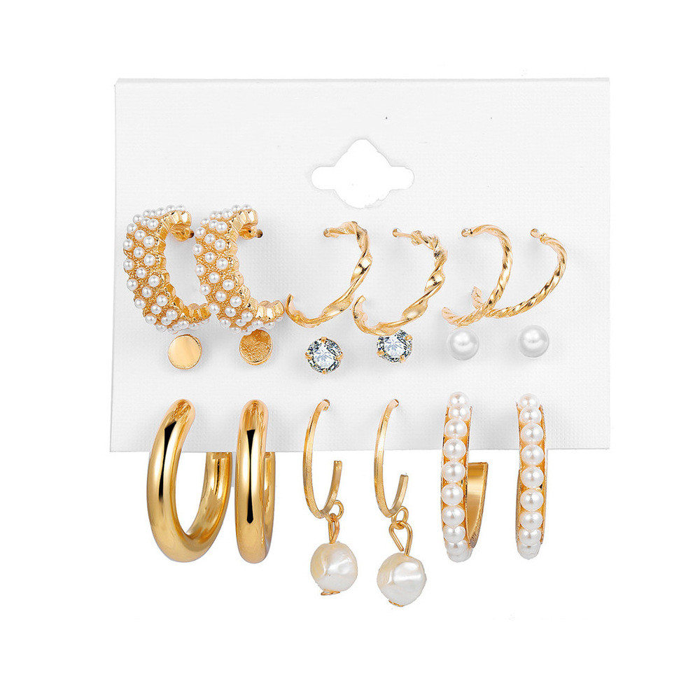 Gold Diamond Pearl Stud Loops Earrings Sets