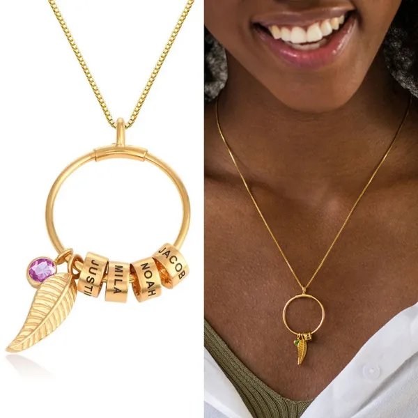 DIY Leaf Round Ring Necklace Bracelet Name Engraved Custom with Birth Stone