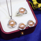 Freshwater Pearl Clover Diamante Necklace Ring and Earrings Jewelry Set Gift For Mother's Day