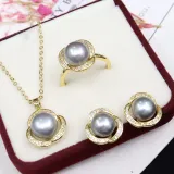 Freshwater Pearl Clover Diamante Necklace Ring and Earrings Jewelry Set Gift For Mother's Day