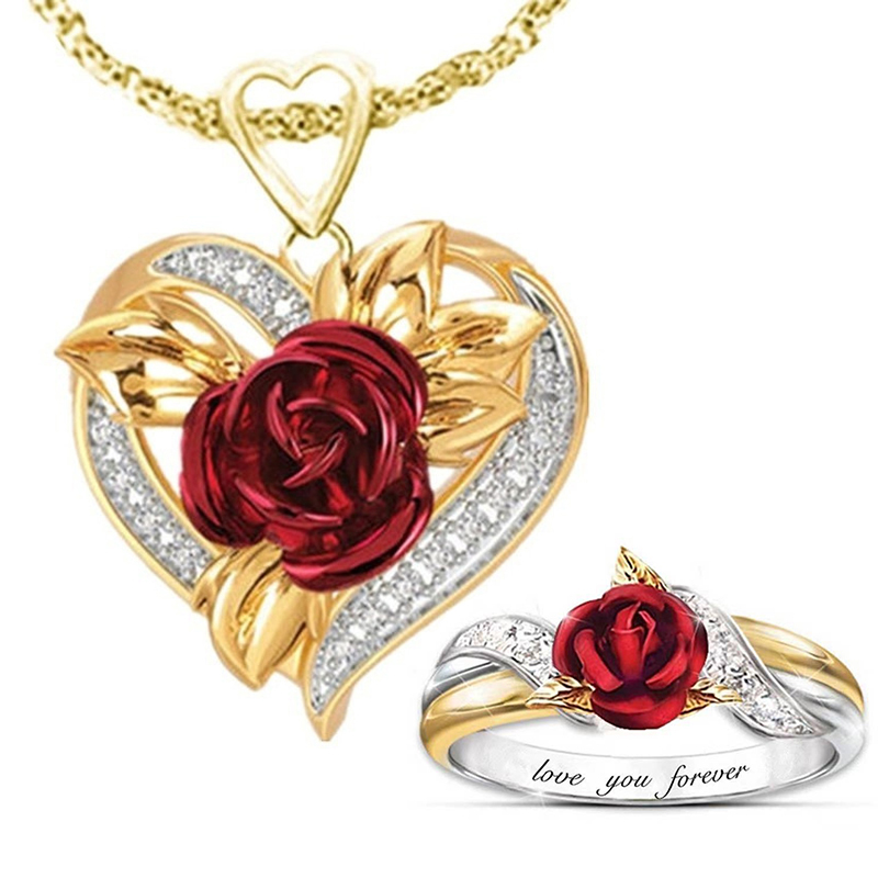 Rose Flower Diamante Ring Necklace Jewelry Set Love You Forever Gifts For Women Girls