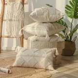 Beige Velvet Wool Decor Tassel Throw Pillow Case Cushion Cover