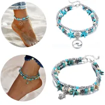 Turtle Anklets Multilayer Beads Handmade Animal Shell Beach Set Boho Foot Jewelry