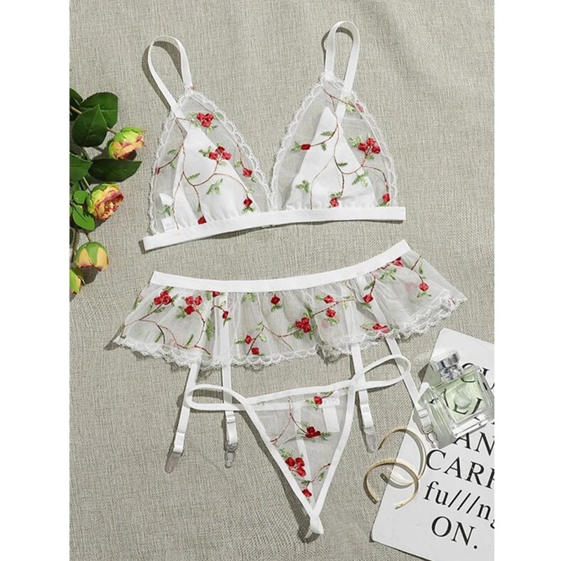 Women's Embroidery Flowers Mesh Sexy Lingerie Sets