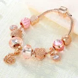 Women's Rose Gold Alloy Love Apple Zircon Heart Pink Glass Crystal Charm Chain Jewelry Bracelet