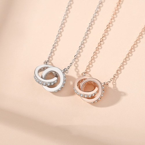 Silver Interlocking Double Circles Clavicle Pendant Chain Jewelry Necklace