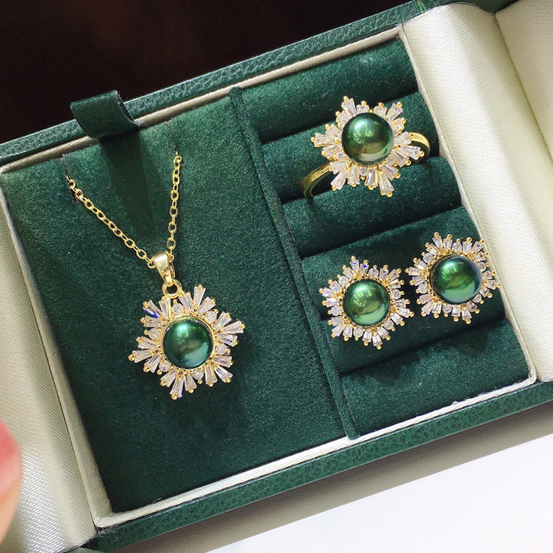 3PCS Mother's Day Gift 8-9mm Green Freshwater Pearl Diamante Jewelry Set