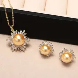 Mother's Day Gift Jewelry Set Flower-Shaped Cubic Zirconia Pearl Necklace and Earring with Box