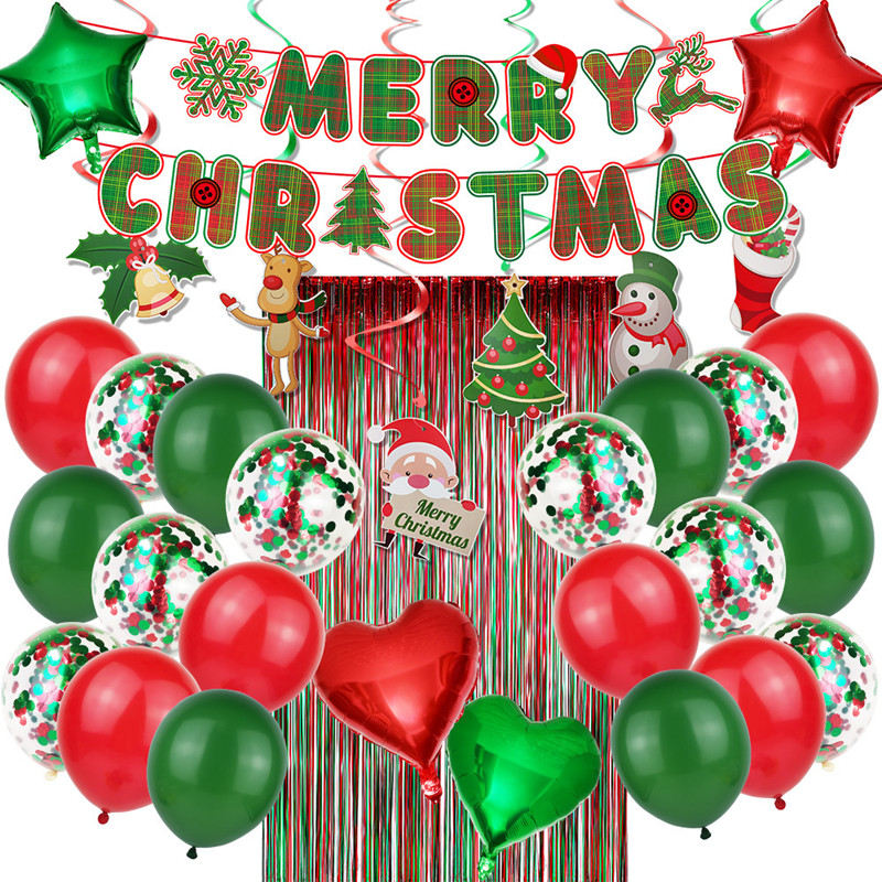 Merry Christmas Decoration Set Santa Claus Elk Snowman Rain Curtain and Balloon