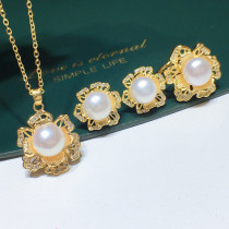 Mother's Day Gift Freshwater Pearl Flower Diamante Necklace Ring and Earrings Jewelry Set
